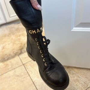 CHANEL Black Lace-Up Leather Boots